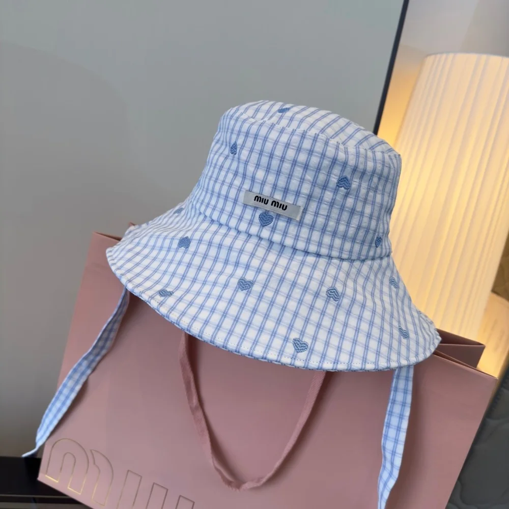 Miu Miu Blue White Gingham Heart Embroidery Bucket Hat